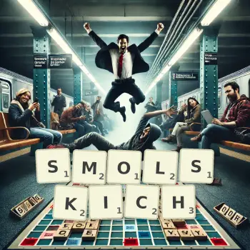 Kreatywna ilustracja do gry w Scrabble ze słowem SMOLSKICH ułożonym z płytek na planszy.