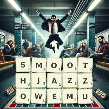 Kreatywna ilustracja do gry w Scrabble ze słowem SMOOTHJAZZOWEMU ułożonym z płytek na planszy.