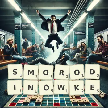 Kreatywna ilustracja do gry w Scrabble ze słowem SMORODINÓWKĘ ułożonym z płytek na planszy.