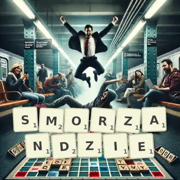 Kreatywna ilustracja do gry w Scrabble ze słowem SMORZANDZIE ułożonym z płytek na planszy.