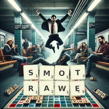 Kreatywna ilustracja do gry w Scrabble ze słowem SMOTRAWĘ ułożonym z płytek na planszy.