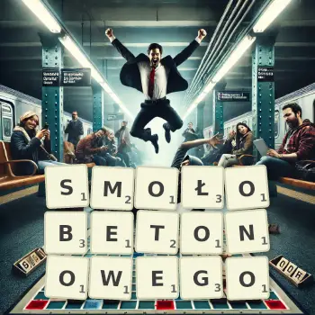 Kreatywna ilustracja do gry w Scrabble ze słowem SMOŁOBETONOWEGO ułożonym z płytek na planszy.