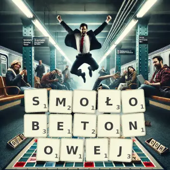 Kreatywna ilustracja do gry w Scrabble ze słowem SMOŁOBETONOWEJ ułożonym z płytek na planszy.