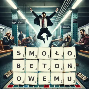 Kreatywna ilustracja do gry w Scrabble ze słowem SMOŁOBETONOWEMU ułożonym z płytek na planszy.