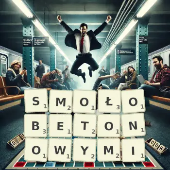 Kreatywna ilustracja do gry w Scrabble ze słowem SMOŁOBETONOWYMI ułożonym z płytek na planszy.