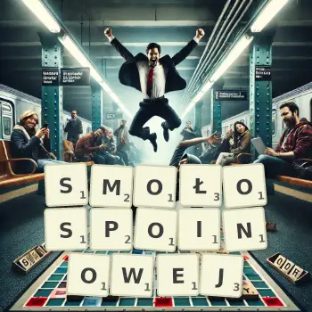 Kreatywna ilustracja do gry w Scrabble ze słowem SMOŁOSPOINOWEJ ułożonym z płytek na planszy.