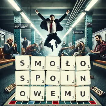 Kreatywna ilustracja do gry w Scrabble ze słowem SMOŁOSPOINOWEMU ułożonym z płytek na planszy.