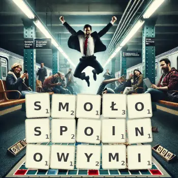 Kreatywna ilustracja do gry w Scrabble ze słowem SMOŁOSPOINOWYMI ułożonym z płytek na planszy.