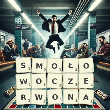 Kreatywna ilustracja do gry w Scrabble ze słowem SMOŁOWOCZERWONA ułożonym z płytek na planszy.