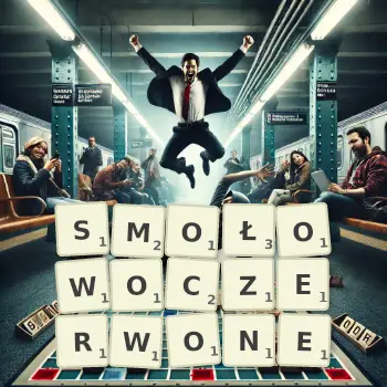 Kreatywna ilustracja do gry w Scrabble ze słowem SMOŁOWOCZERWONE ułożonym z płytek na planszy.