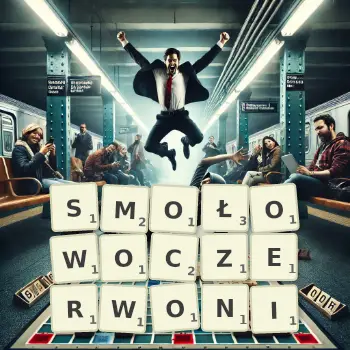Kreatywna ilustracja do gry w Scrabble ze słowem SMOŁOWOCZERWONI ułożonym z płytek na planszy.