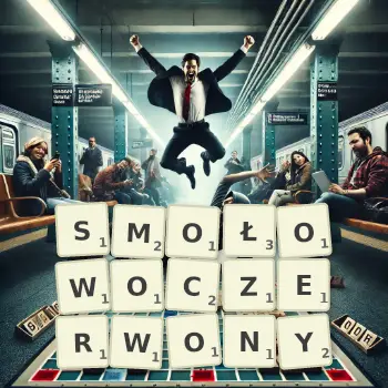 Kreatywna ilustracja do gry w Scrabble ze słowem SMOŁOWOCZERWONY ułożonym z płytek na planszy.
