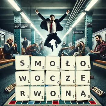 Kreatywna ilustracja do gry w Scrabble ze słowem SMOŁOWOCZERWONĄ ułożonym z płytek na planszy.