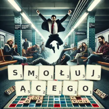 Kreatywna ilustracja do gry w Scrabble ze słowem SMOŁUJĄCEGO ułożonym z płytek na planszy.
