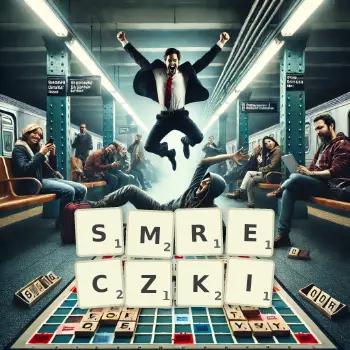 Kreatywna ilustracja do gry w Scrabble ze słowem SMRECZKI ułożonym z płytek na planszy.