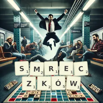 Kreatywna ilustracja do gry w Scrabble ze słowem SMRECZKÓW ułożonym z płytek na planszy.