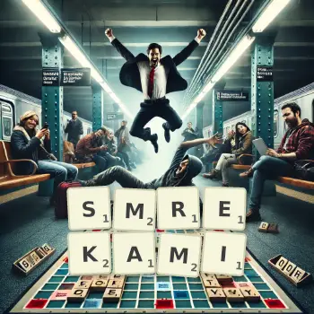 Kreatywna ilustracja do gry w Scrabble ze słowem SMREKAMI ułożonym z płytek na planszy.