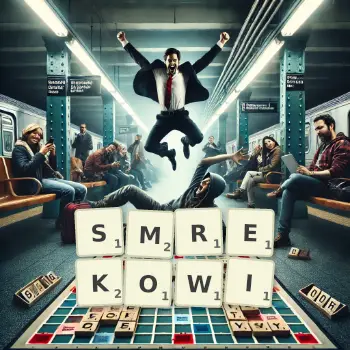 Kreatywna ilustracja do gry w Scrabble ze słowem SMREKOWI ułożonym z płytek na planszy.