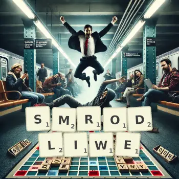 Kreatywna ilustracja do gry w Scrabble ze słowem SMRODLIWE ułożonym z płytek na planszy.