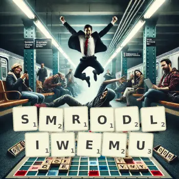 Kreatywna ilustracja do gry w Scrabble ze słowem SMRODLIWEMU ułożonym z płytek na planszy.
