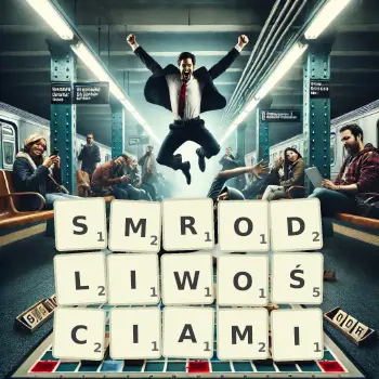 Kreatywna ilustracja do gry w Scrabble ze słowem SMRODLIWOŚCIAMI ułożonym z płytek na planszy.