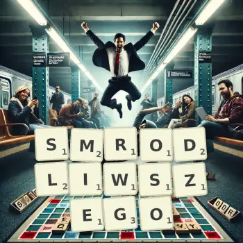 Kreatywna ilustracja do gry w Scrabble ze słowem SMRODLIWSZEGO ułożonym z płytek na planszy.