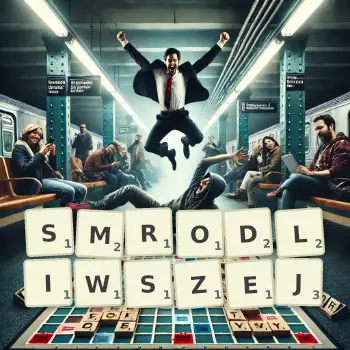 Kreatywna ilustracja do gry w Scrabble ze słowem SMRODLIWSZEJ ułożonym z płytek na planszy.