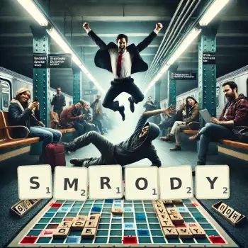 Kreatywna ilustracja do gry w Scrabble ze słowem SMRODY ułożonym z płytek na planszy.