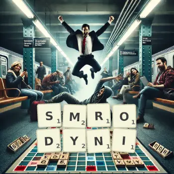 Kreatywna ilustracja do gry w Scrabble ze słowem SMRODYNI ułożonym z płytek na planszy.