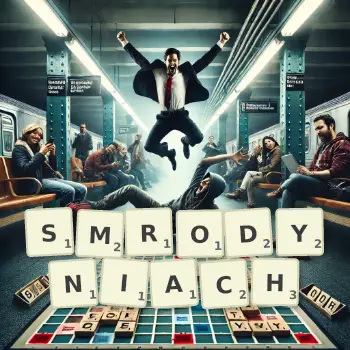 Kreatywna ilustracja do gry w Scrabble ze słowem SMRODYNIACH ułożonym z płytek na planszy.