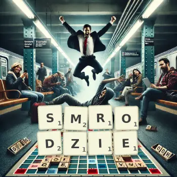 Kreatywna ilustracja do gry w Scrabble ze słowem SMRODZIE ułożonym z płytek na planszy.