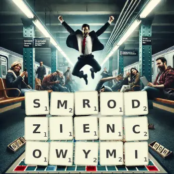 Kreatywna ilustracja do gry w Scrabble ze słowem SMRODZIENCOWYMI ułożonym z płytek na planszy.