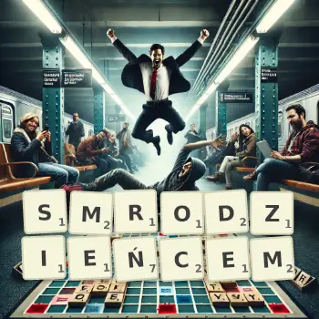 Kreatywna ilustracja do gry w Scrabble ze słowem SMRODZIEŃCEM ułożonym z płytek na planszy.