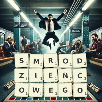 Kreatywna ilustracja do gry w Scrabble ze słowem SMRODZIEŃCOWEGO ułożonym z płytek na planszy.