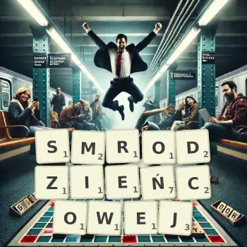Kreatywna ilustracja do gry w Scrabble ze słowem SMRODZIEŃCOWEJ ułożonym z płytek na planszy.