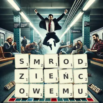 Kreatywna ilustracja do gry w Scrabble ze słowem SMRODZIEŃCOWEMU ułożonym z płytek na planszy.
