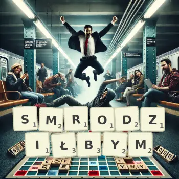 Kreatywna ilustracja do gry w Scrabble ze słowem SMRODZIŁBYM ułożonym z płytek na planszy.