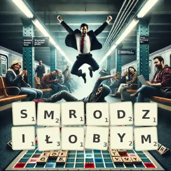 Kreatywna ilustracja do gry w Scrabble ze słowem SMRODZIŁOBYM ułożonym z płytek na planszy.