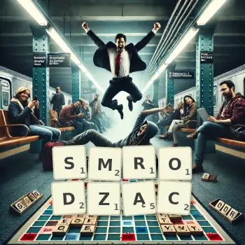 Kreatywna ilustracja do gry w Scrabble ze słowem SMRODZĄC ułożonym z płytek na planszy.
