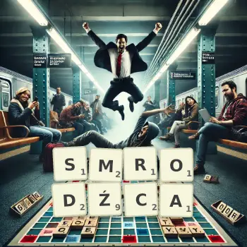 Kreatywna ilustracja do gry w Scrabble ze słowem SMRODŹCA ułożonym z płytek na planszy.