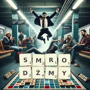 Kreatywna ilustracja do gry w Scrabble ze słowem SMRODŹMY ułożonym z płytek na planszy.