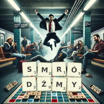 Kreatywna ilustracja do gry w Scrabble ze słowem SMRÓDŹMY ułożonym z płytek na planszy.