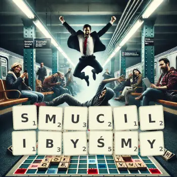 Kreatywna ilustracja do gry w Scrabble ze słowem SMUCILIBYŚMY ułożonym z płytek na planszy.