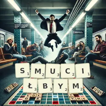 Kreatywna ilustracja do gry w Scrabble ze słowem SMUCIŁBYM ułożonym z płytek na planszy.