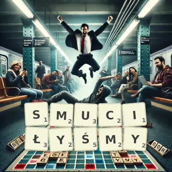 Kreatywna ilustracja do gry w Scrabble ze słowem SMUCIŁYŚMY ułożonym z płytek na planszy.