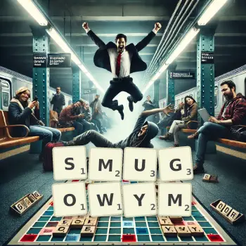 Kreatywna ilustracja do gry w Scrabble ze słowem SMUGOWYM ułożonym z płytek na planszy.