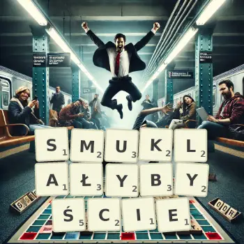 Kreatywna ilustracja do gry w Scrabble ze słowem SMUKLAŁYBYŚCIE ułożonym z płytek na planszy.