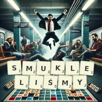 Kreatywna ilustracja do gry w Scrabble ze słowem SMUKLELIŚMY ułożonym z płytek na planszy.