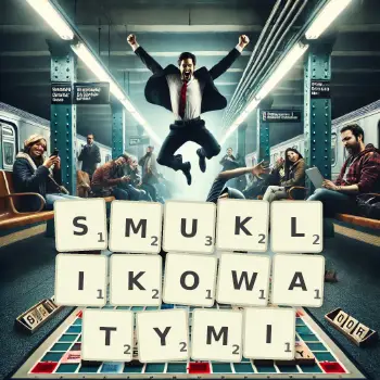 Kreatywna ilustracja do gry w Scrabble ze słowem SMUKLIKOWATYMI ułożonym z płytek na planszy.