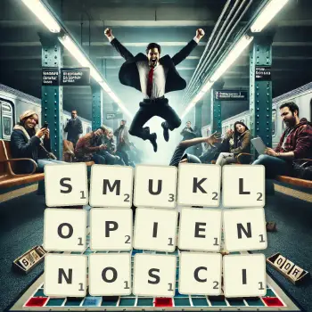 Kreatywna ilustracja do gry w Scrabble ze słowem SMUKLOPIENNOSCI ułożonym z płytek na planszy.